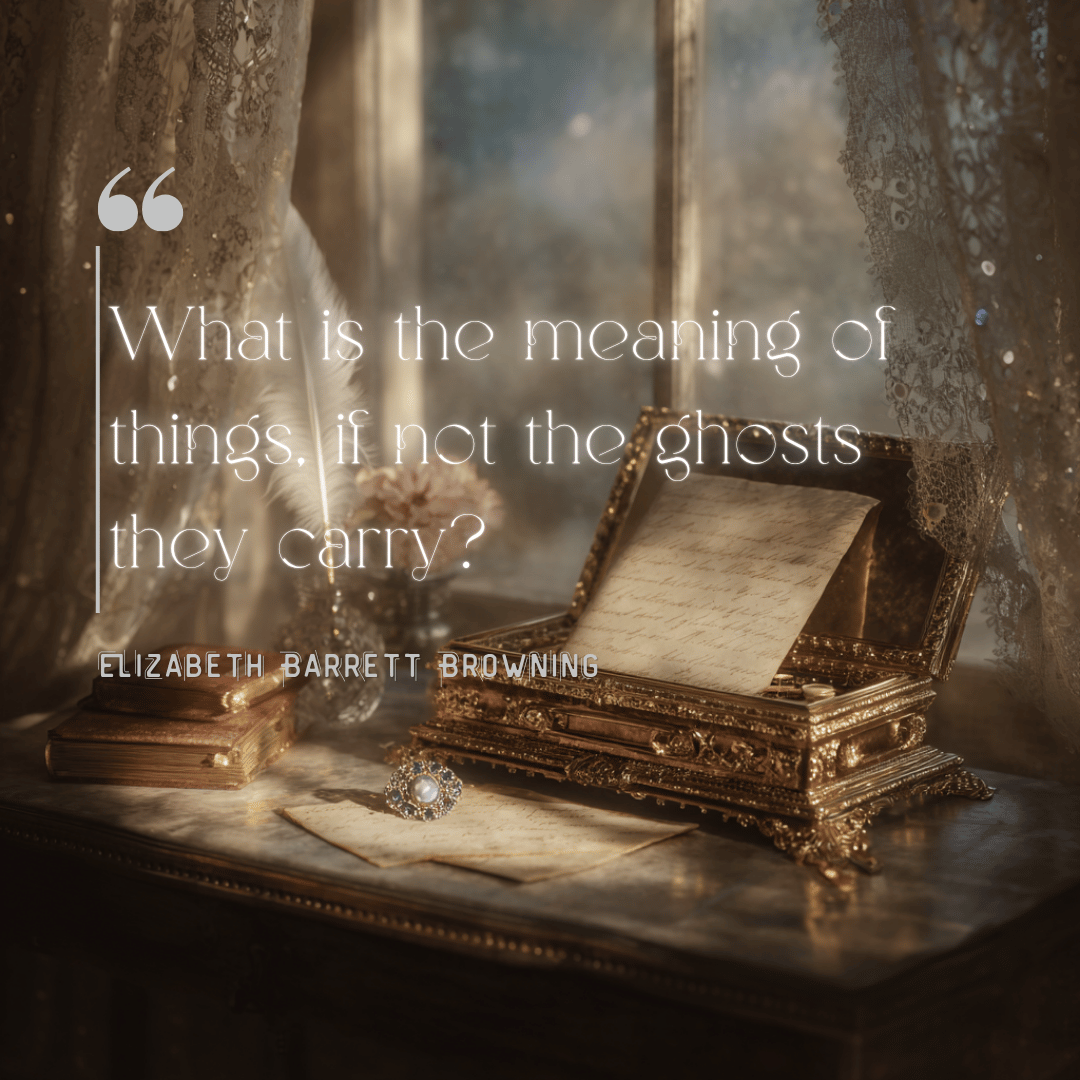 A soft-lit Victorian writing desk with a quill, letters, and a brooch resting near a vintage book. Golden sunlight streams through lace curtains, creating a nostalgic atmosphere.