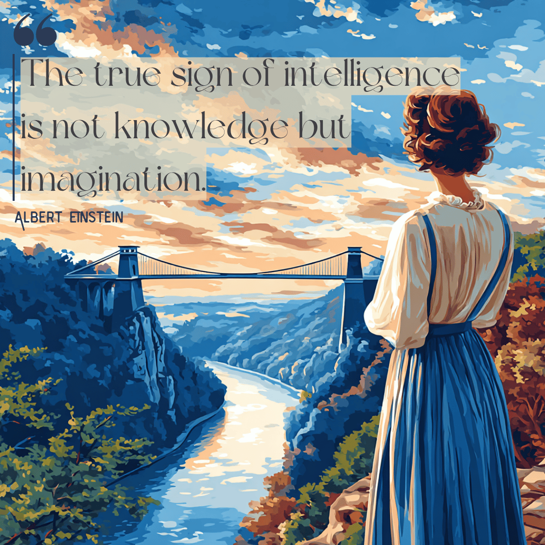 Victorian woman gazing across a misty gorge at dawn, with bridge sketches forming in the air