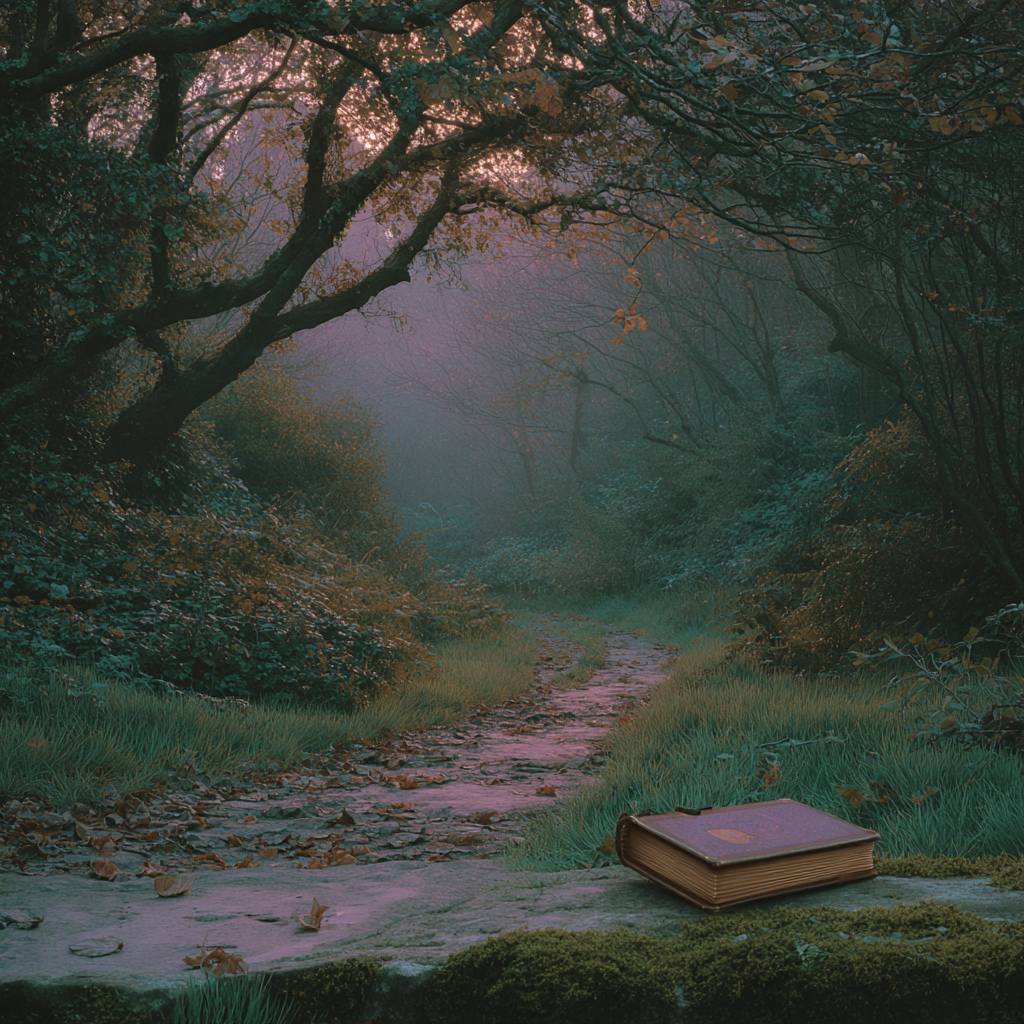A misty woodland path at dusk with faint footprints and a closed book resting on a mossy stone.
