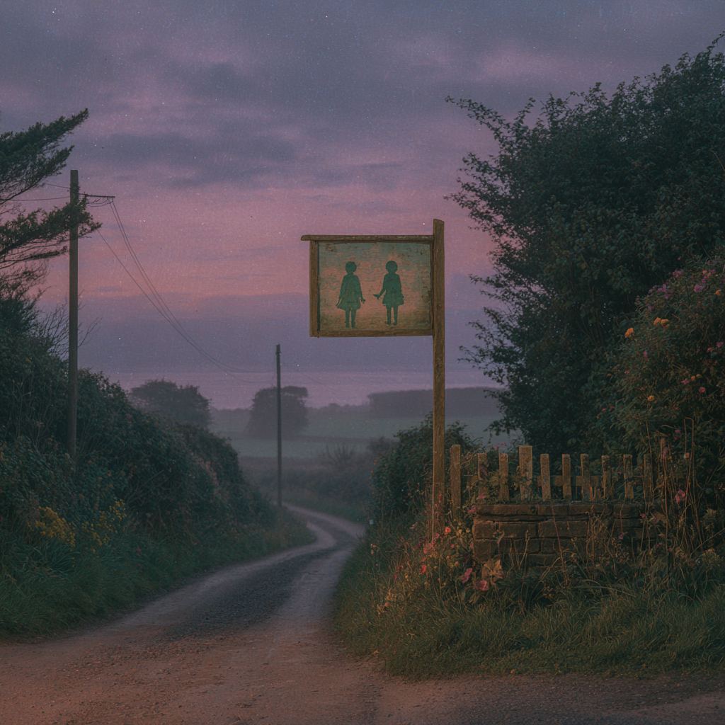 A village sign at dusk showing two painted children, standing quietly on a misty Suffolk lane