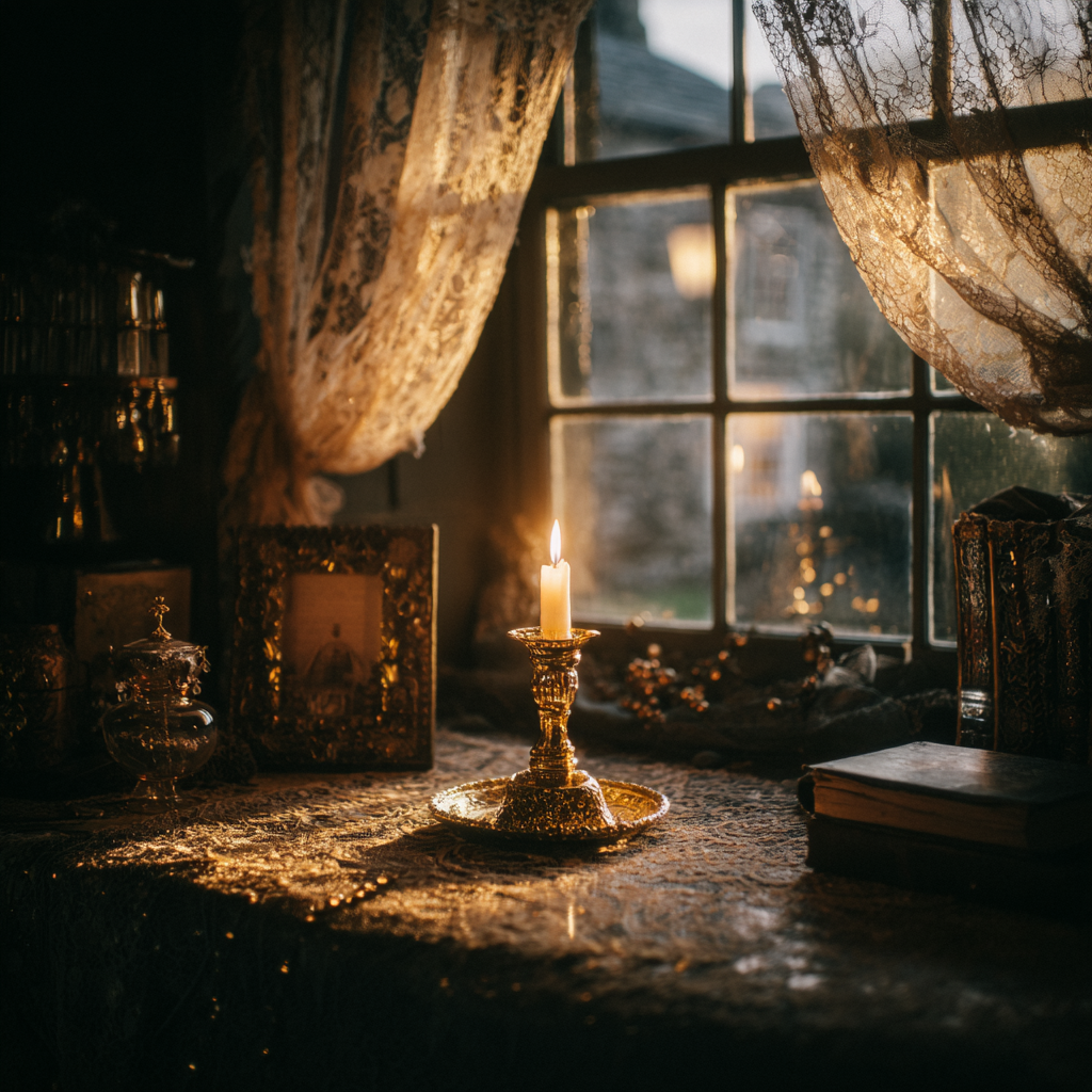 A candle glows gently on the windowsill of an old house, its light casting long shadows across aged wood and lace curtains, evoking a feeling of quiet remembrance.