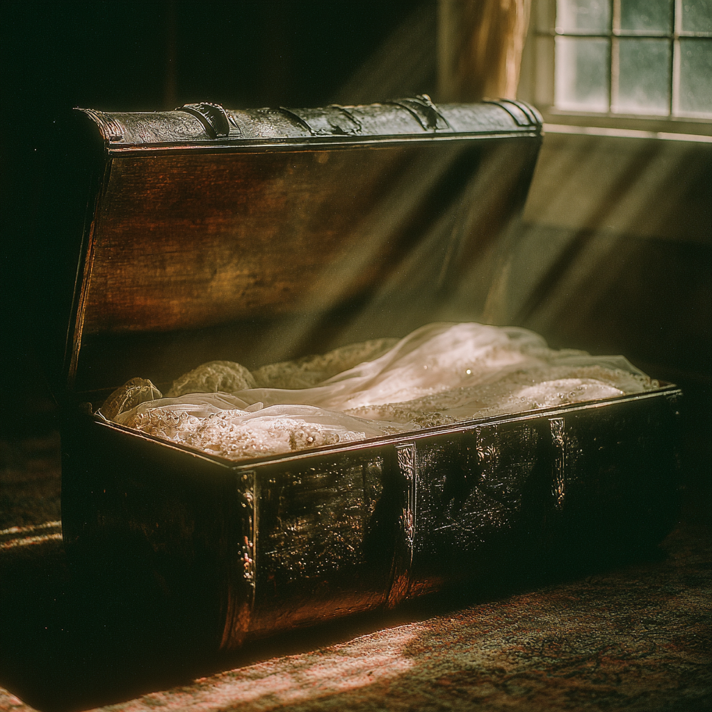 Inside an old oak chest lies a wedding dress decayed