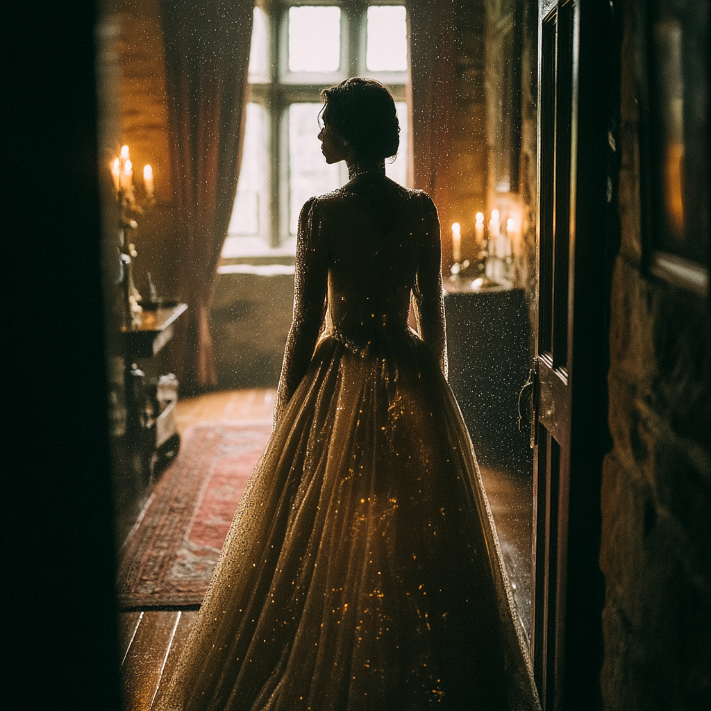 A bride in a vintage gown walks into the shadows of an old manor hallway, lit only by flickering candlelight.