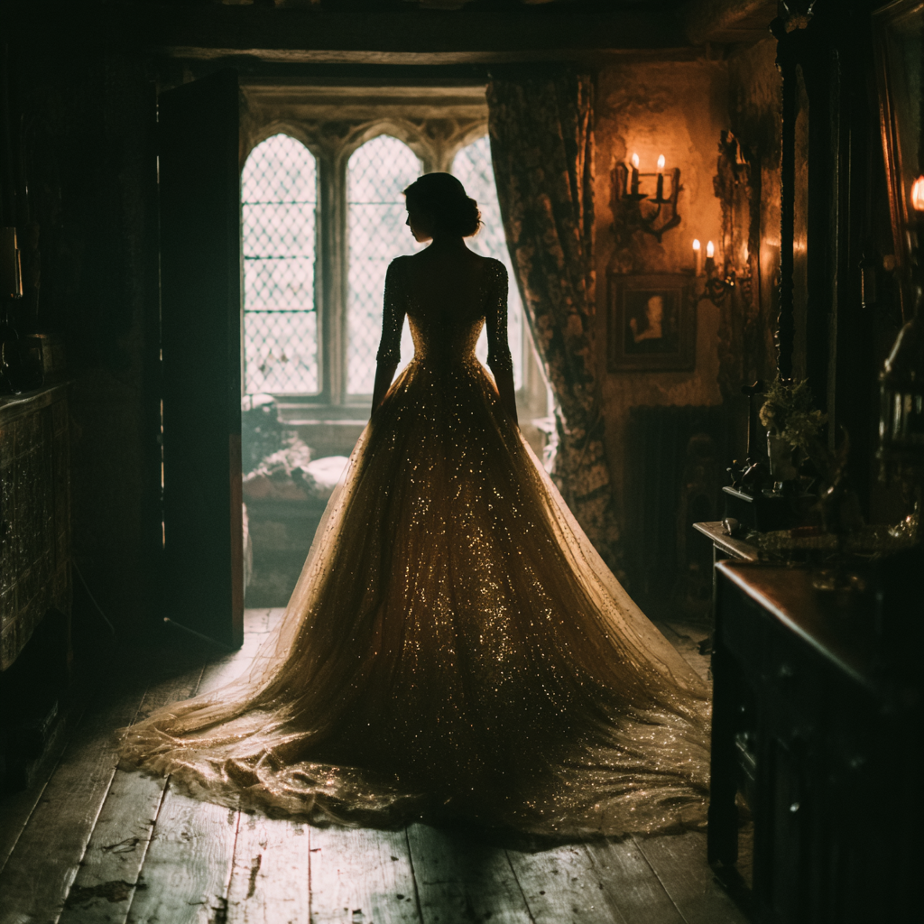 A bride in a vintage gown walks into the shadows of an old manor hallway, lit only by flickering candlelight.