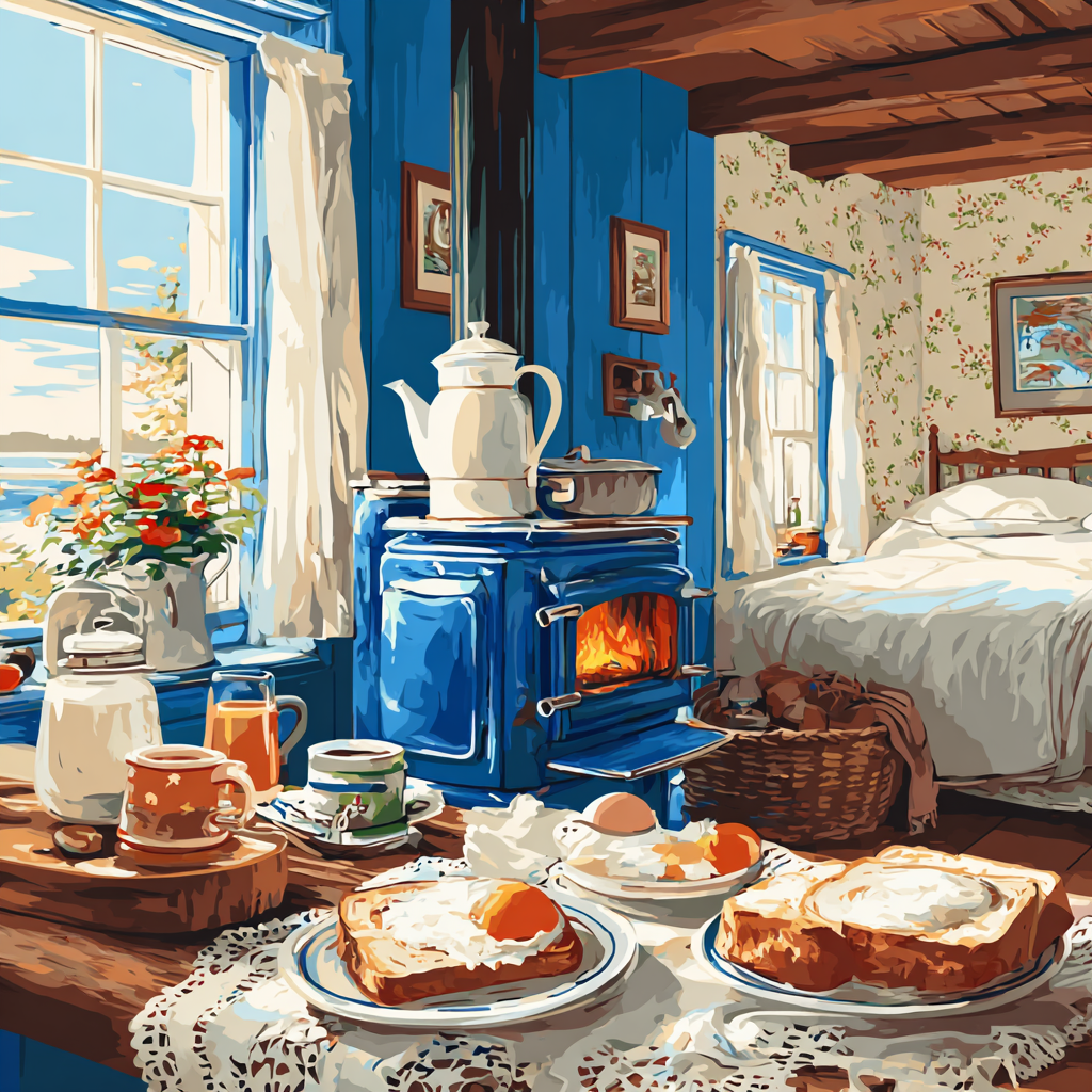 Victorian kitchen with Sarah Guppy's tea urn and exercise bed in warm firelight
