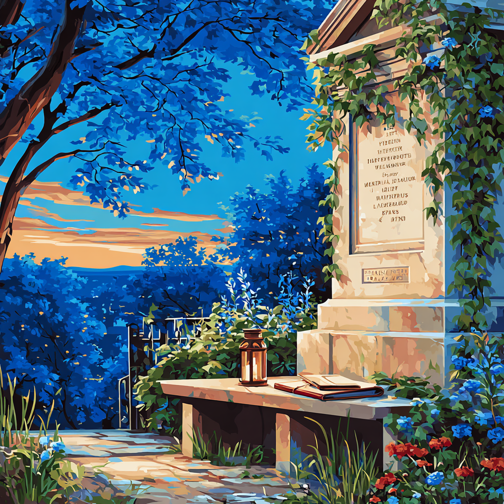 Twilight garden with ivy-covered gravestone and candlestick on a stone bench