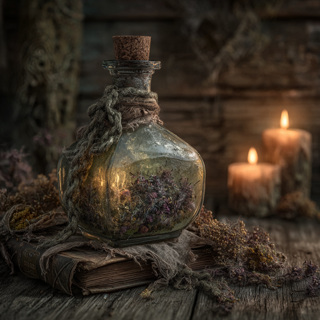 Hearth revealing witch bottle in firelight and shadow