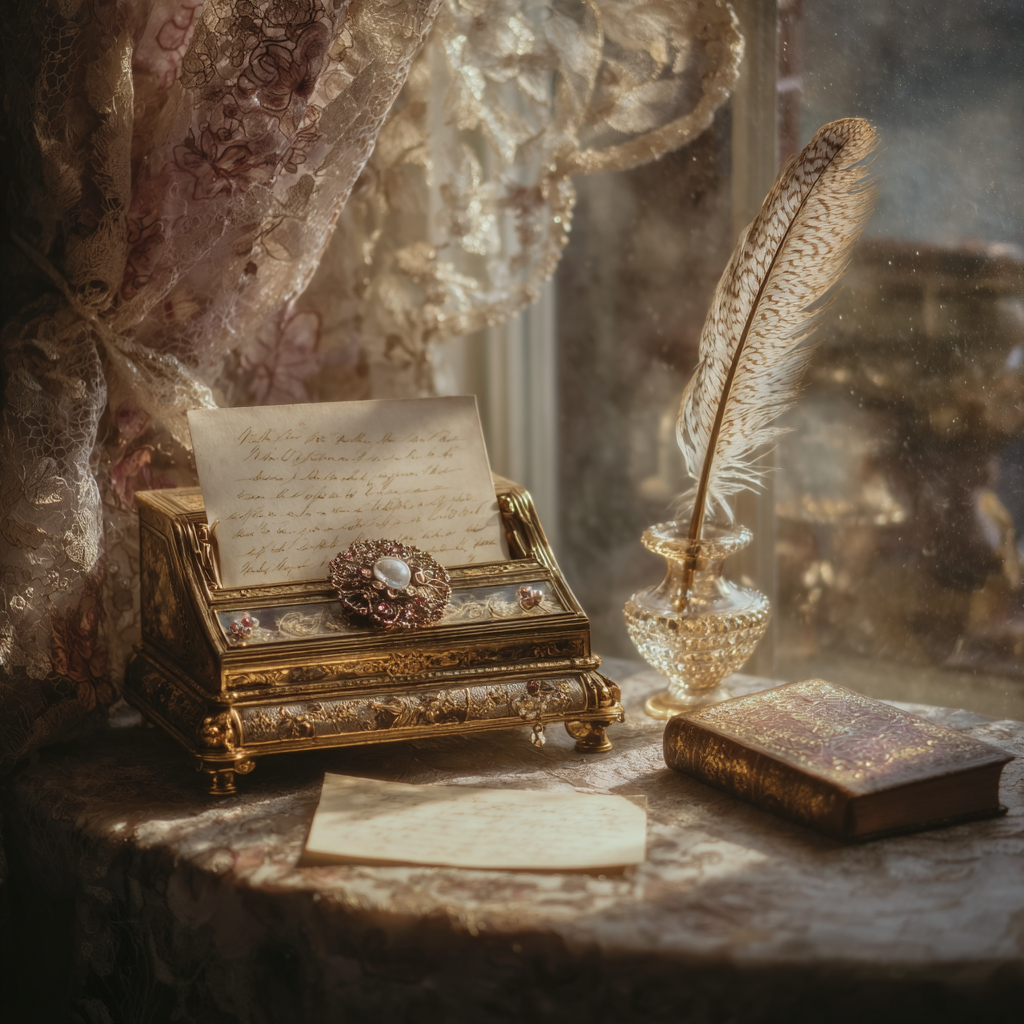 Victorian writing desk with quill, brooch, and sunlight