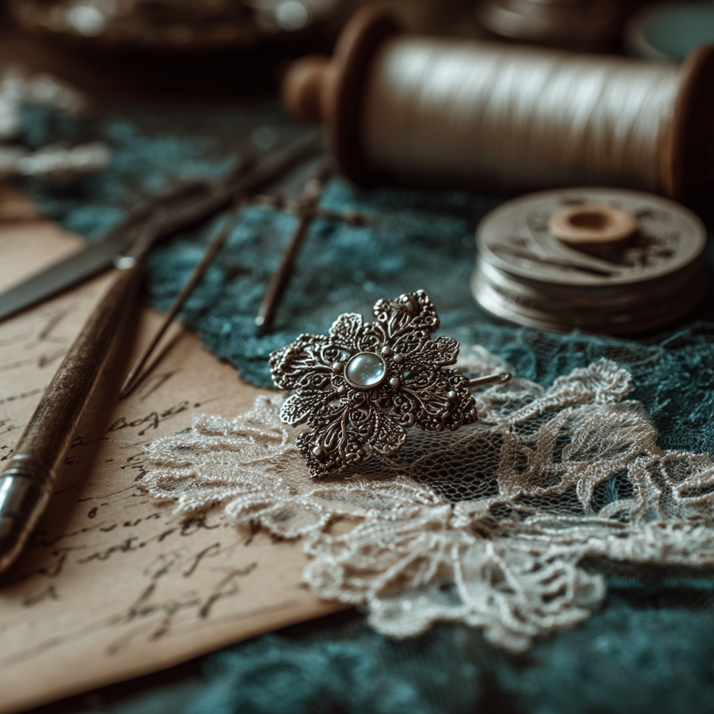 A silver Victorian bridal pin lies on folded lace, surrounded by vintage sewing tools and a handwritten note. The soft lighting creates a warm, nostalgic mood.