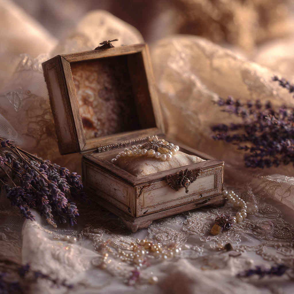 Jewellery box on wedding gown with lavender and candlelight