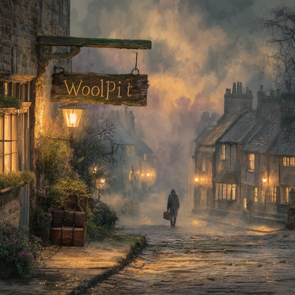 A traveller at dawn pauses by a weathered Woolpit village sign, mist curling along the lane.