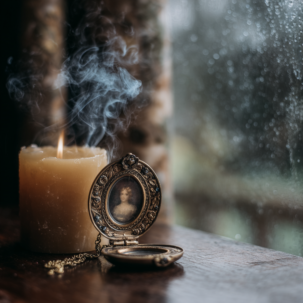 Candlelit Victorian parlour at dusk with a photo album and ring laid on a table, evoking quiet remembrance.