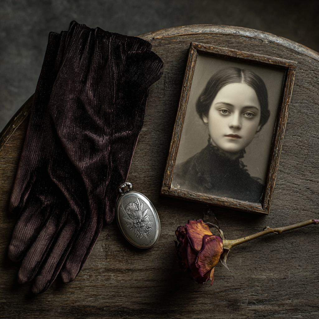 Realistic still life of Victorian mourning objects: a hair locket, faded photograph, and black gloves lit by soft candlelight.