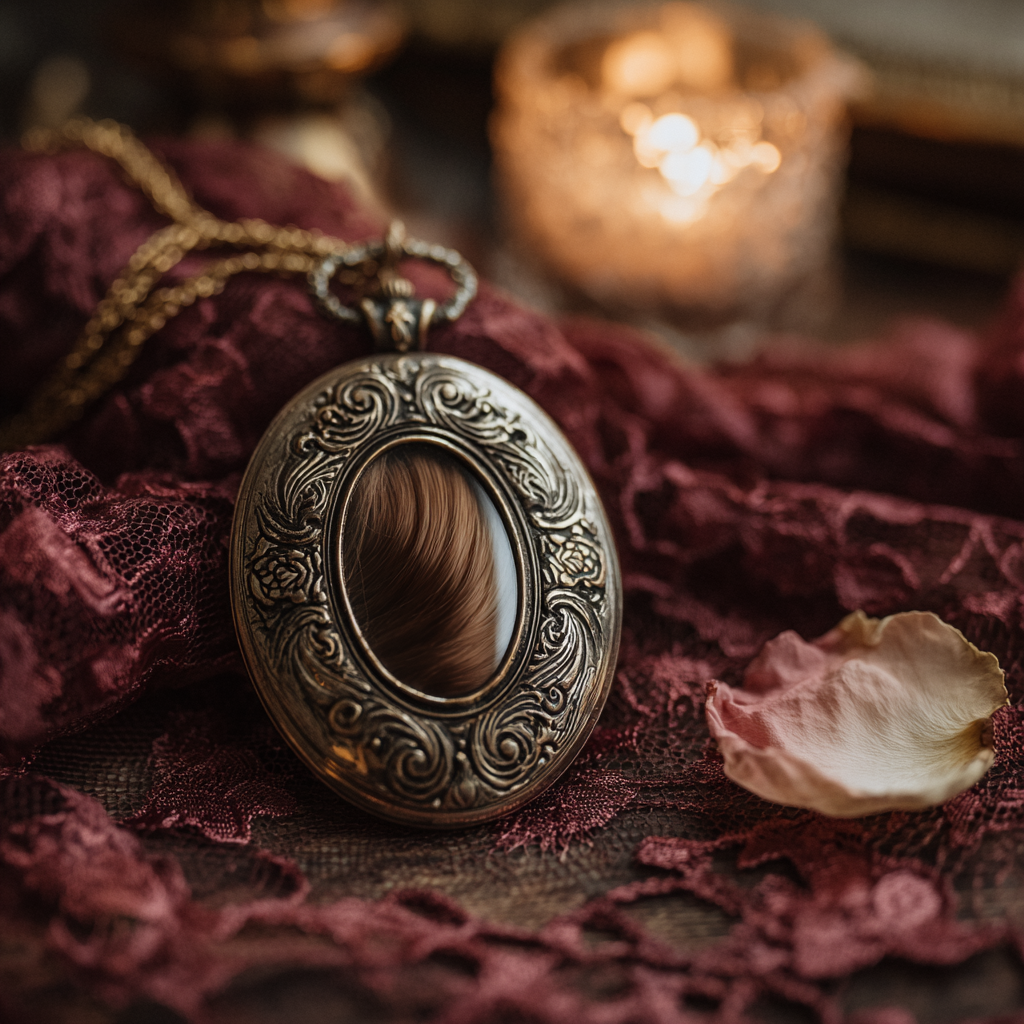 Realistic close-up of a Victorian locket containing a braid of hair, resting on dark velvet and lace in candlelight.