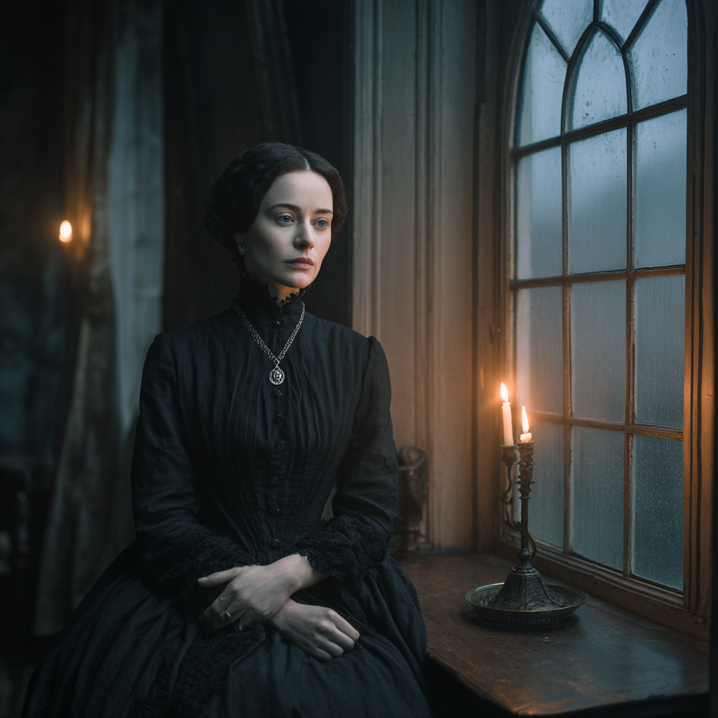 Victorian woman in mourning holding a locket by candlelight, gazing through a fogged window at dusk