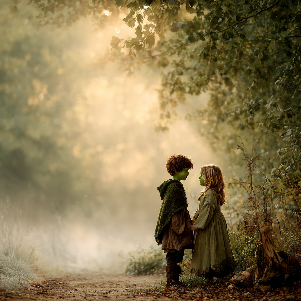 Two green-skinned children near a sunlit pit in an ancient English forest, bathed in mist.